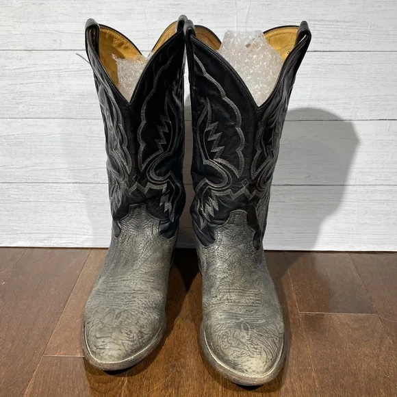 vintage Men’s Tony Lama Cowboy Boots leather 7.5 D, 2 tone black gray texture