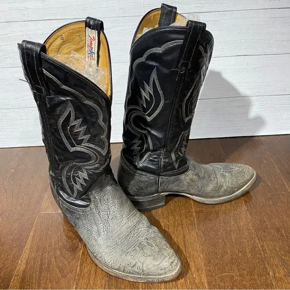 vintage Men’s Tony Lama Cowboy Boots leather 7.5 D, 2 tone black gray texture