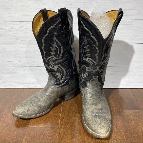 vintage Men’s Tony Lama Cowboy Boots leather 7.5 D, 2 tone black gray texture