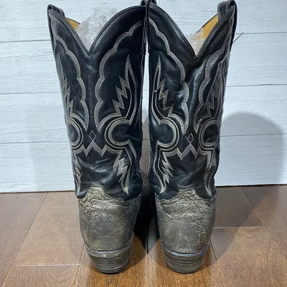 vintage Men’s Tony Lama Cowboy Boots leather 7.5 D, 2 tone black gray texture