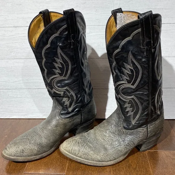 vintage Men’s Tony Lama Cowboy Boots leather 7.5 D, 2 tone black gray texture