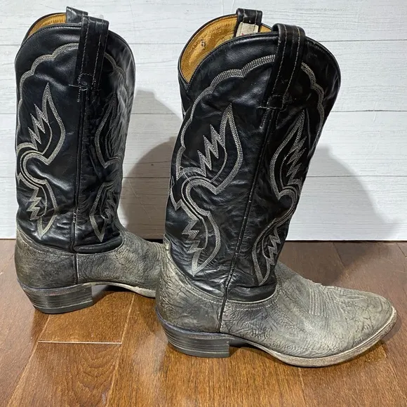vintage Men’s Tony Lama Cowboy Boots leather 7.5 D, 2 tone black gray texture