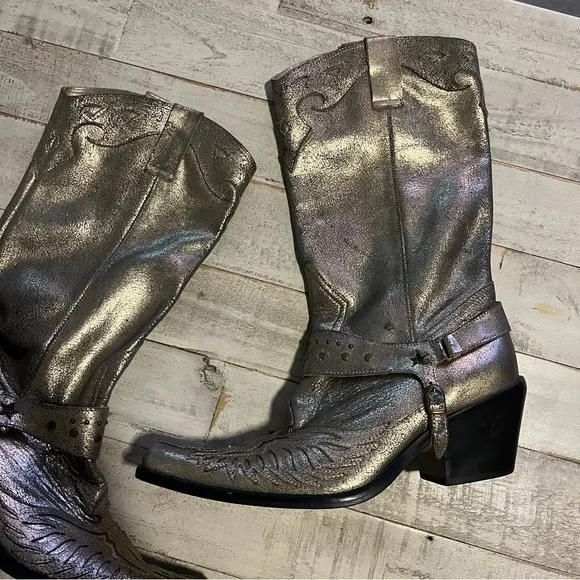Vintage Nine West Gold Metallic Crackle Cowgirl Boots Size 8