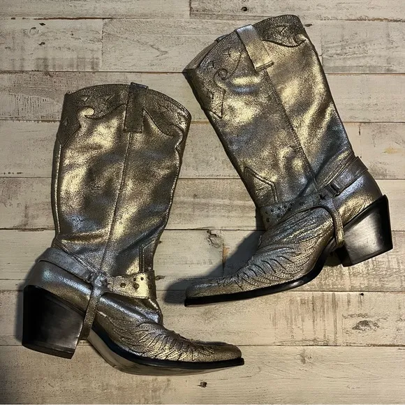 Vintage Nine West Gold Metallic Crackle Cowgirl Boots Size 8