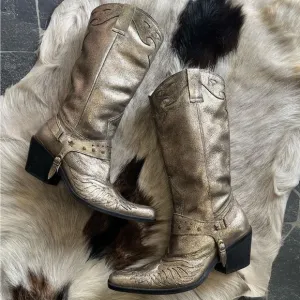 Vintage Nine West Gold Metallic Crackle Cowgirl Boots Size 8