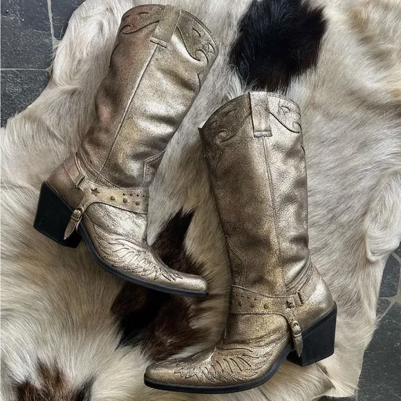 Vintage Nine West Gold Metallic Crackle Cowgirl Boots Size 8