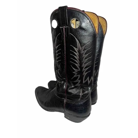 VINTAGE Nocona 13&quot; Cowboy Boots Black Leather 11D 4117B Western Deep Grain