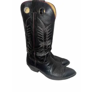 VINTAGE Nocona 13&quot; Cowboy Boots Black Leather 11D 4117B Western Deep Grain