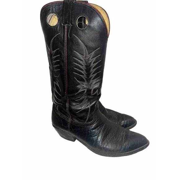 VINTAGE Nocona 13&quot; Cowboy Boots Black Leather 11D 4117B Western Deep Grain