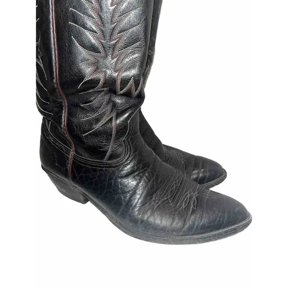 VINTAGE Nocona 13&quot; Cowboy Boots Black Leather 11D 4117B Western Deep Grain