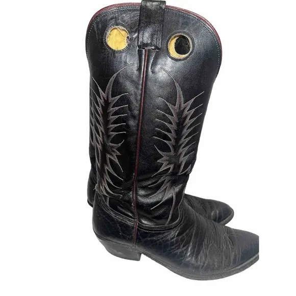 VINTAGE Nocona 13&quot; Cowboy Boots Black Leather 11D 4117B Western Deep Grain