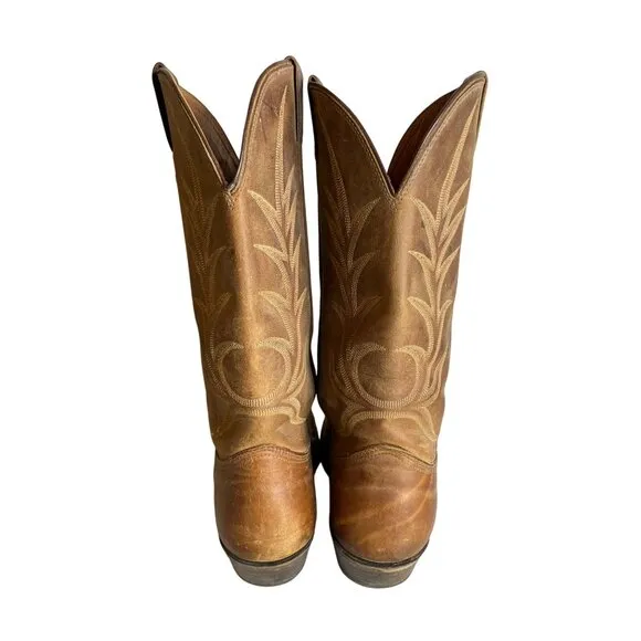 Vintage Nocona Brown Leather Cowboy Boots With Embroidered Western Design  Size