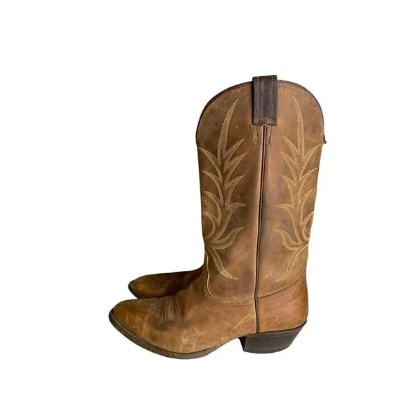 Vintage Nocona Brown Leather Cowboy Boots With Embroidered Western Design  Size