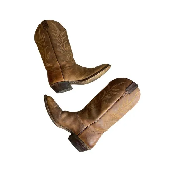 Vintage Nocona Brown Leather Cowboy Boots With Embroidered Western Design  Size