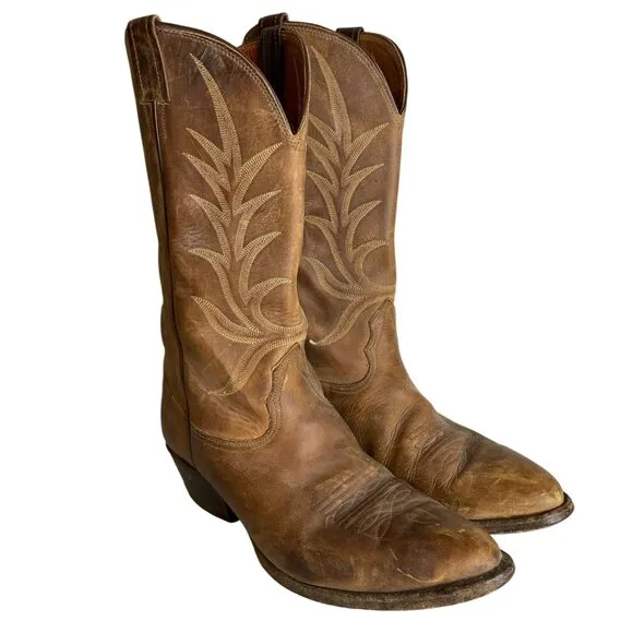 Vintage Nocona Brown Leather Cowboy Boots With Embroidered Western Design  Size