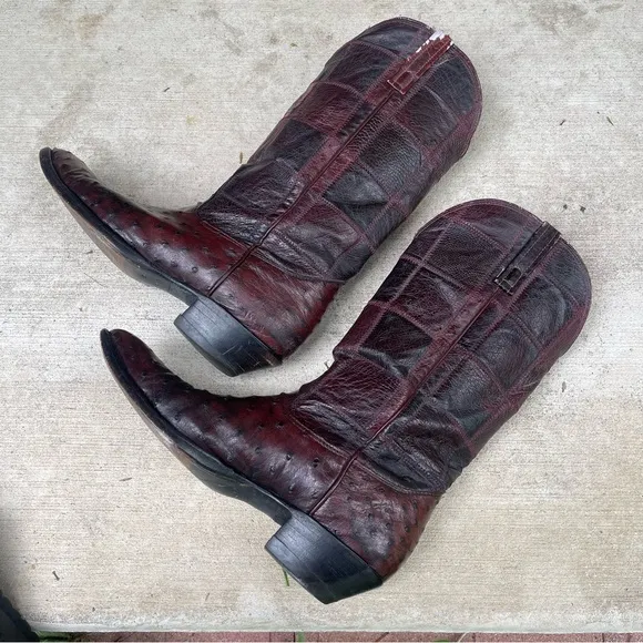 Vintage Nocona Leather Cowboy Ostrich Boots Patchwork Exotic Rare Made in USA