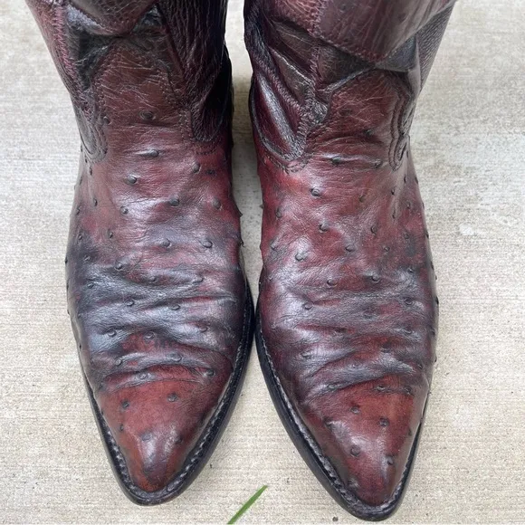 Vintage Nocona Leather Cowboy Ostrich Boots Patchwork Exotic Rare Made in USA