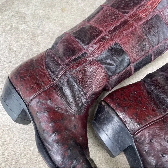 Vintage Nocona Leather Cowboy Ostrich Boots Patchwork Exotic Rare Made in USA