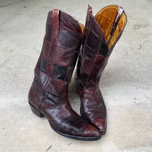Vintage Nocona Leather Cowboy Ostrich Boots Patchwork Exotic Rare Made in USA