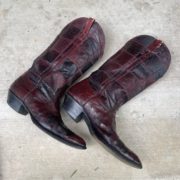 Vintage Nocona Leather Cowboy Ostrich Boots Patchwork Exotic Rare Made in USA