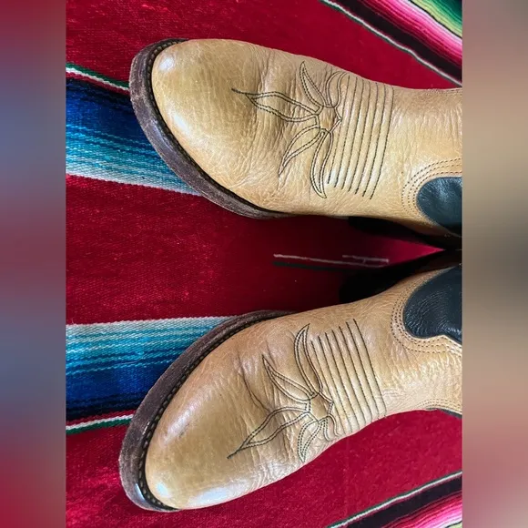 Vintage Nocona Leather Tan/Dark Green Tall Western Boots Sz Men 6.5 D Women 8.5