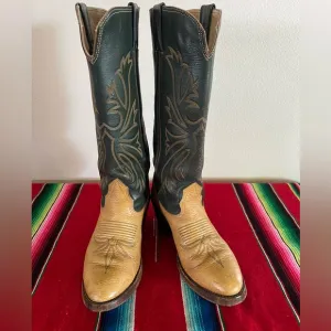 Vintage Nocona Leather Tan/Dark Green Tall Western Boots Sz Men 6.5 D Women 8.5