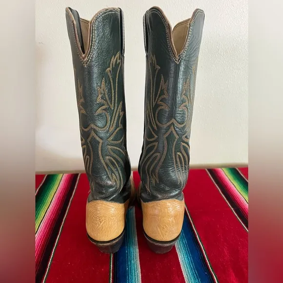 Vintage Nocona Leather Tan/Dark Green Tall Western Boots Sz Men 6.5 D Women 8.5