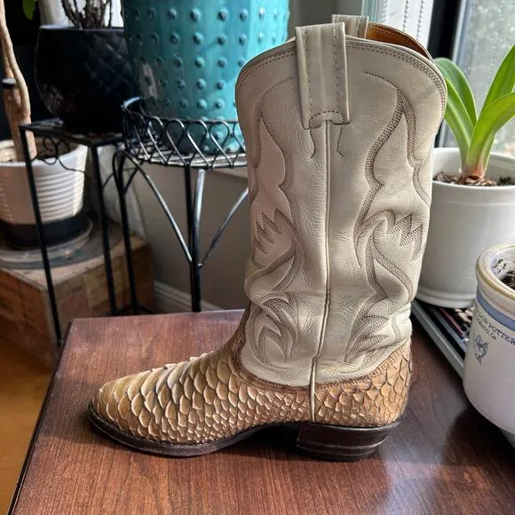 Vintage NOCONA PYTHON COWBOY BOOTS MEN'S SIZE 8.5 cream