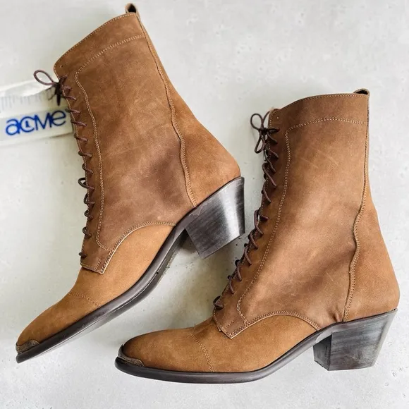 Vintage NWT Acme Brown Suede Lace Up Point Toe Western Boots Women’s 8