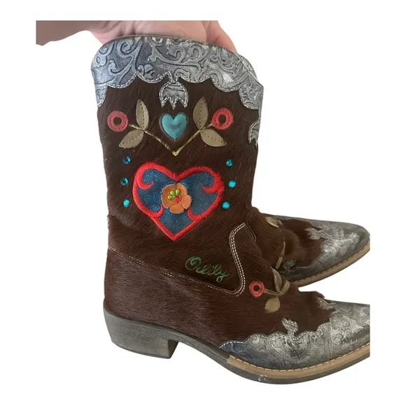 Vintage Oilily Embroidered Cow Hide Brown Western Boots 35