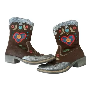 Vintage Oilily Embroidered Cow Hide Brown Western Boots 35