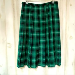 Vintage Pendleton Green Black Plaid Wool Pleated Skirt VTG Size 18 Tartan Midi L