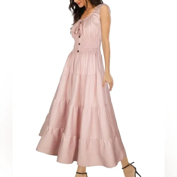 Vintage Retro Ditsy Floral Tiered Maxi Dress Mini Pink Flowers Long Midi New