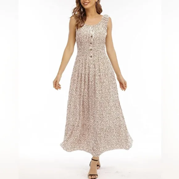 Vintage Retro Ditsy Floral Tiered Maxi Dress Mini Pink Flowers Long Midi New
