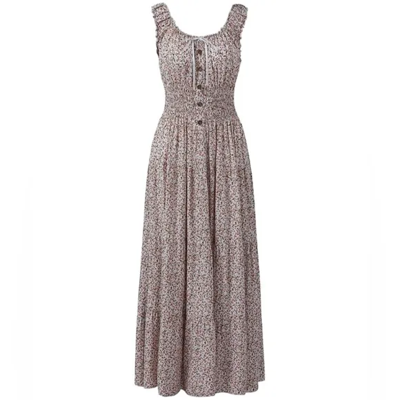 Vintage Retro Ditsy Floral Tiered Maxi Dress Mini Pink Flowers Long Midi New
