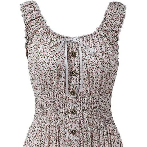 Vintage Retro Ditsy Floral Tiered Maxi Dress Mini Pink Flowers Long Midi New
