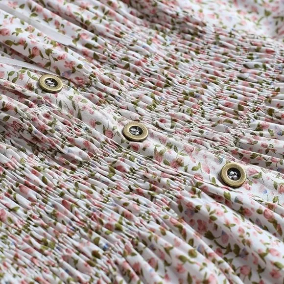 Vintage Retro Ditsy Floral Tiered Maxi Dress Mini Pink Flowers Long Midi New