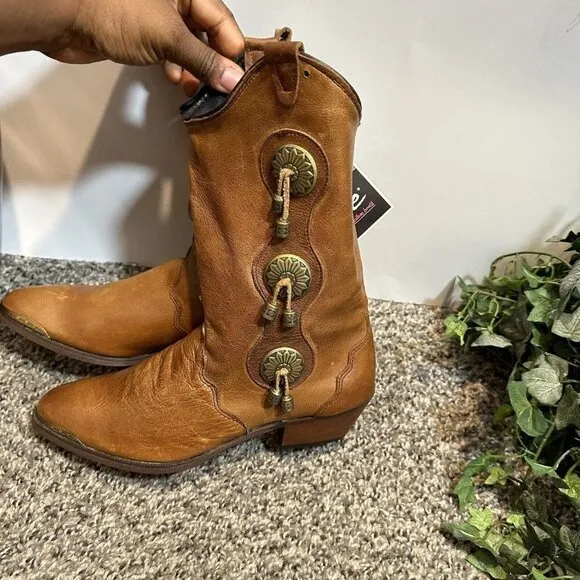 Vintage Sage Abilene Concho Studded Boots 6 M Cowgirl Western Brown Leather Boho