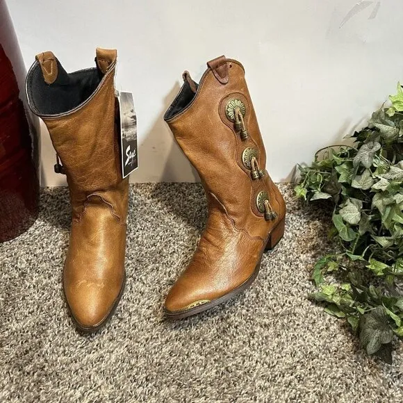 Vintage Sage Abilene Concho Studded Boots 6 M Cowgirl Western Brown Leather Boho