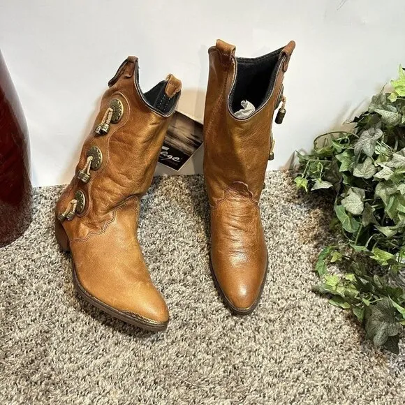 Vintage Sage Abilene Concho Studded Boots 6 M Cowgirl Western Brown Leather Boho