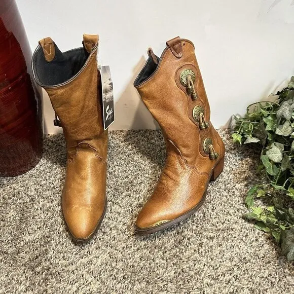 Vintage Sage Abilene Concho Studded Boots 6 M Cowgirl Western Brown Leather Boho