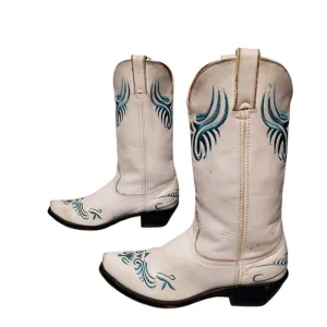 Vintage Santa Fe Stitched White Leather Cowboy Western Boots Women's Size 8.5M