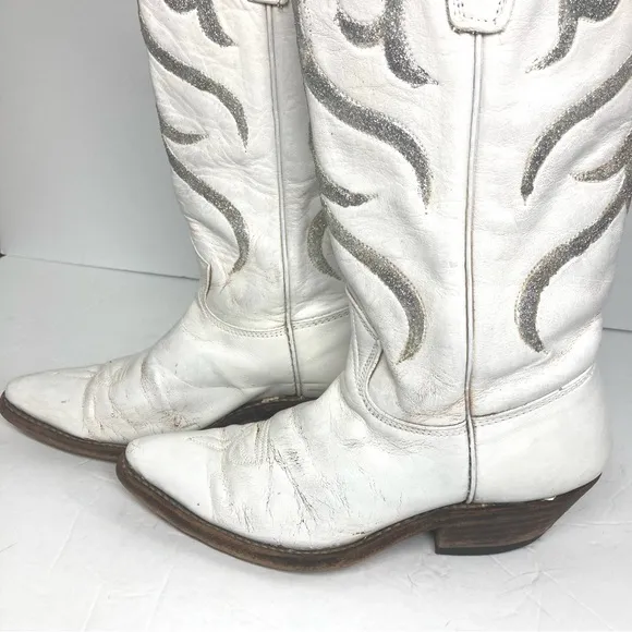 Vintage Stewart's 70s Leather Western White silver Boots 5 A Arizona Cowboy