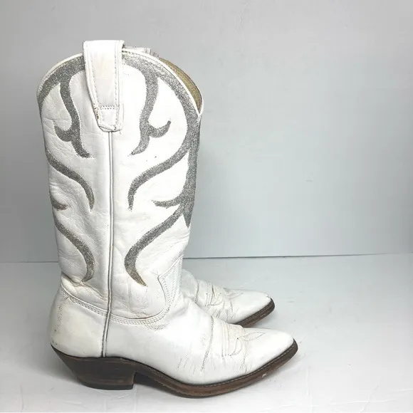 Vintage Stewart's 70s Leather Western White silver Boots 5 A Arizona Cowboy