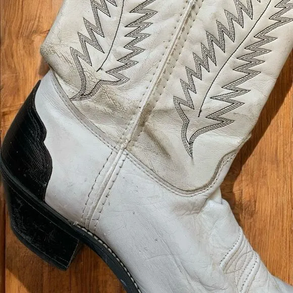 Vintage Texas White Black Leather Cowboy Western Boots 9 Pointed