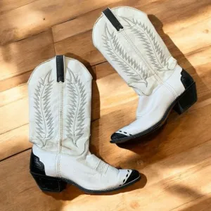 Vintage Texas White Black Leather Cowboy Western Boots 9 Pointed