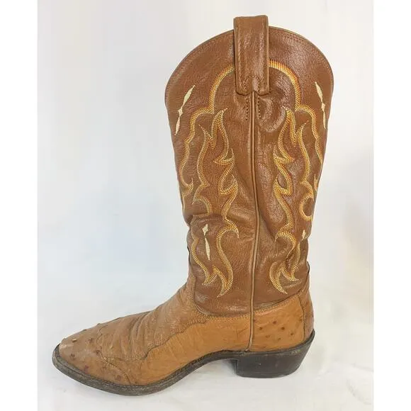Vintage Tony Lama Cowboy Boots mens 9.5 D Ostrich Skin Leather Embroidered Brown