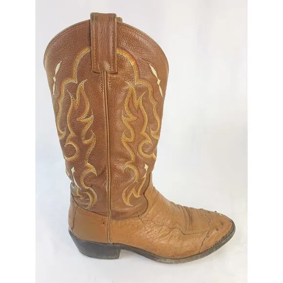 Vintage Tony Lama Cowboy Boots mens 9.5 D Ostrich Skin Leather Embroidered Brown