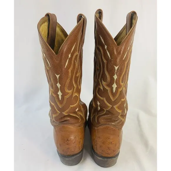 Vintage Tony Lama Cowboy Boots mens 9.5 D Ostrich Skin Leather Embroidered Brown