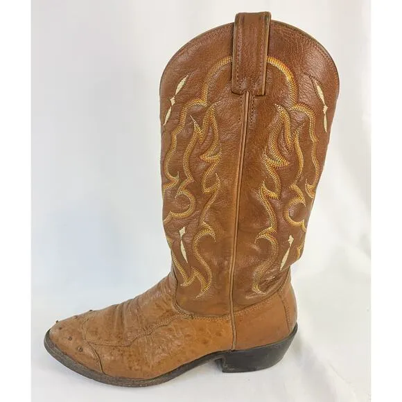 Vintage Tony Lama Cowboy Boots mens 9.5 D Ostrich Skin Leather Embroidered Brown